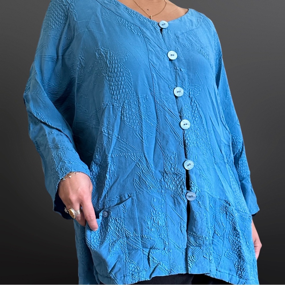 Blue silk blouse with koi fish - Citron [H3R]